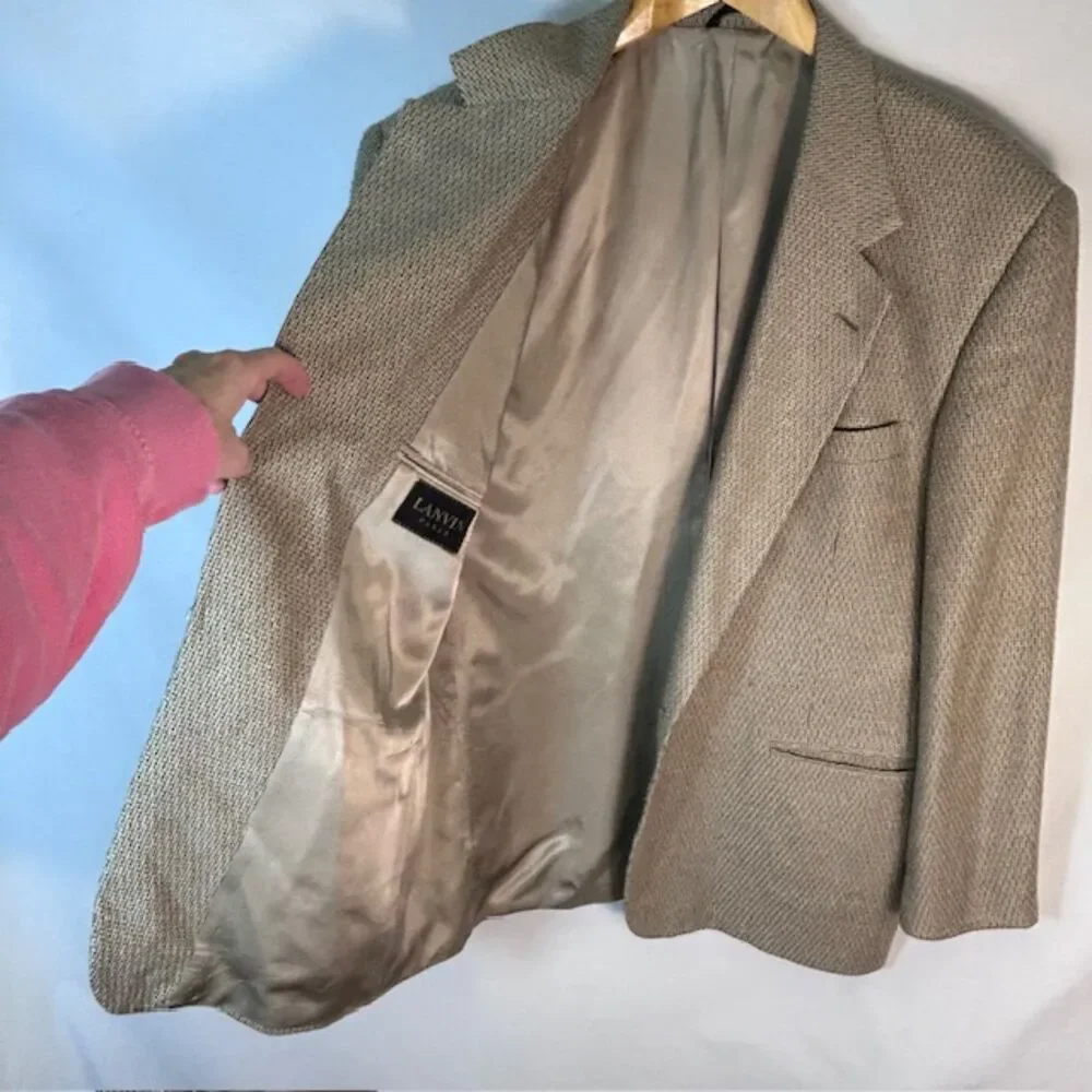 VTG 80s-90s Lavin Paris Men's Designer Beige Tan Texture Weave Suit Jacket Sz 45